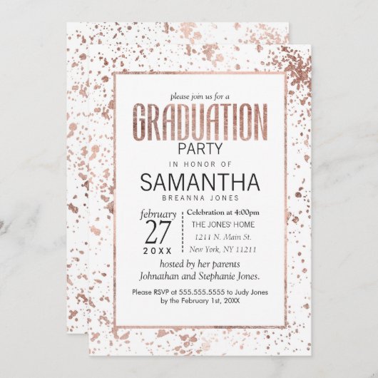 Rose Gold und Paint Spritzers Graduation Party Einladung (Vorne/Hinten)