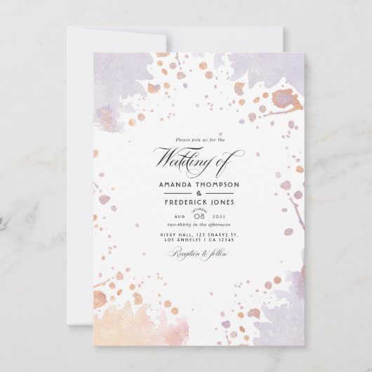 Rose Gold und Pastel Lila Paint Spritzer Hochzeit Einladung (Vorderseite)