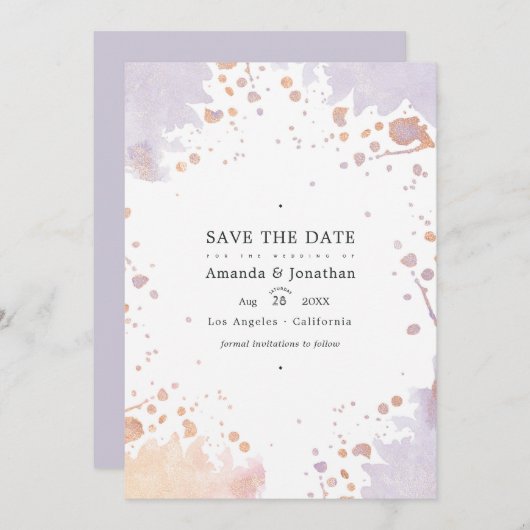 Rose Gold und Pastel Lila Paint Spritzer Hochzeit Save The Date (Vorne/Hinten)