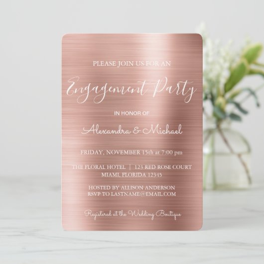 Rose Gold und Rosa Blush Moderne Engagement Party Einladung (Stehend Vorderseite)