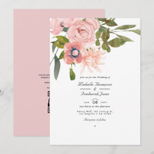 Rose Gold und Rosa Blütenfarben QR-Code Hochzeit Einladung