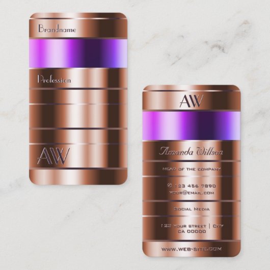 Rose Gold und Rosa Lila Farblinie mit Initialen Visitenkarte (Vorne/Hinten)