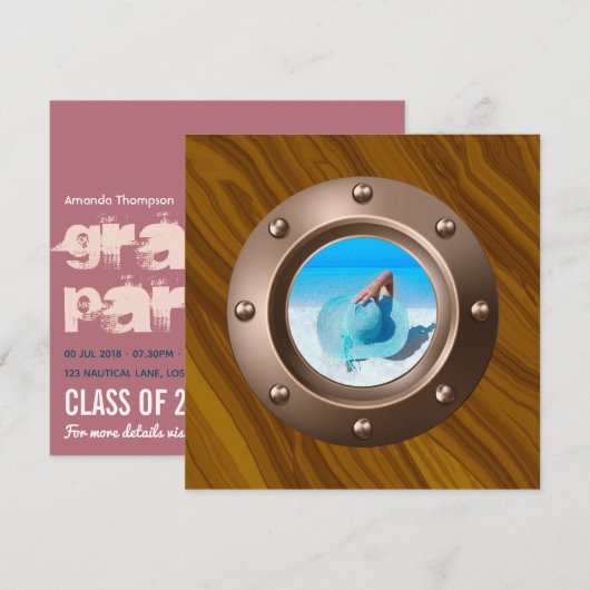 Rose Gold und Rosa Nautischer Abschluss Foto Einladung (Vorne/Hinten)