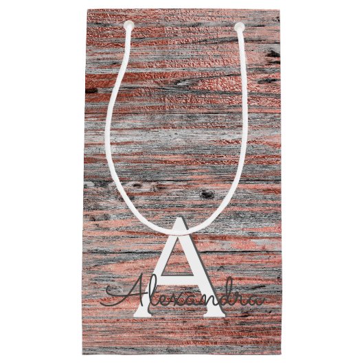 Rose Gold und rustikales Holz Monogramm und erste Kleine Geschenktüte (Vorderseite)