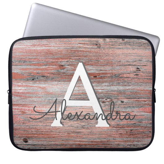 Rose Gold und rustikales Holz Monogramm und erste Laptopschutzhülle (Vorderseite)