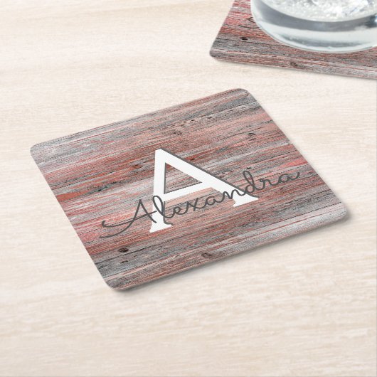 Rose Gold und rustikales Holz Monogramm und erste Rechteckiger Pappuntersetzer (angewinkelt)