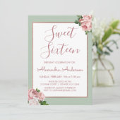 Rose Gold und Sage Floral 16 . Geburtstag Geburtst Einladung (Stehend Vorderseite)