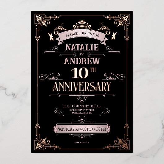 Rose Gold und Schwarz Elegant Folieneinladung (Vorderseite)