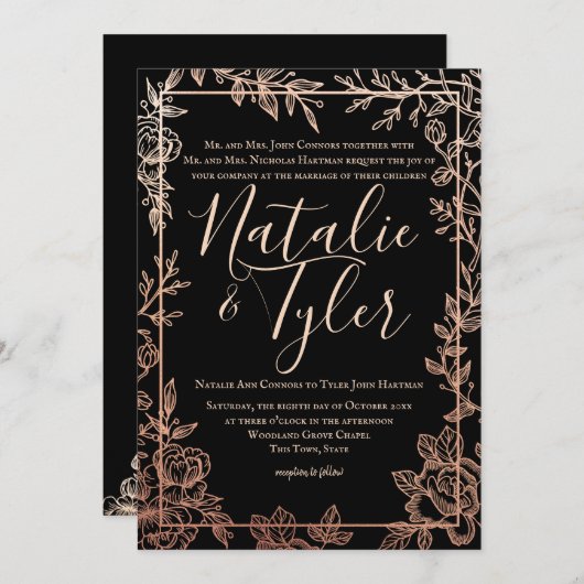 Rose Gold und Schwarz-Floral Sketch Frame Classic Einladung (Vorne/Hinten)