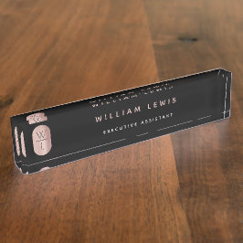 Rose Gold und Schwarz Monogramm Modernes Minimalis Namensplakette