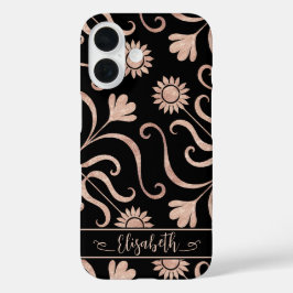 Rose Gold und Schwarze Flora Damaske iPhone 16 Hülle
