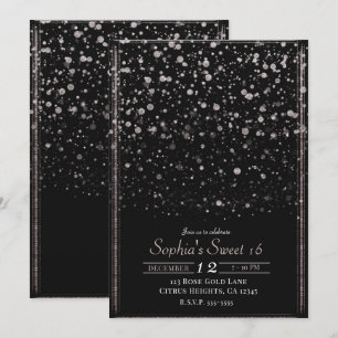 Rose Gold und schwarze Konfetti-Spritzer Sweet 16  Einladung