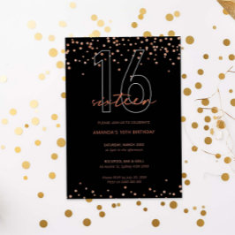Rose Gold und schwarzer Glitzer funkeln 16. Geburt Einladung