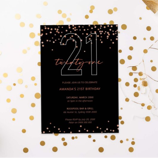 Rose Gold und schwarzer Glitzer funkeln 21. Geburt Einladung