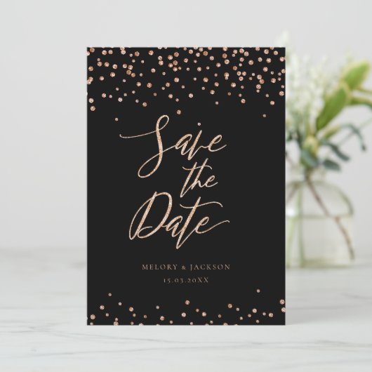 Rose Gold und schwarzer Glitzer funkeln Save the D Einladung (Stehend Vorderseite)