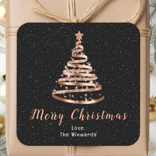 Rose Gold und schwarzes Band Baum Frohe Weihnachte Quadratischer Aufkleber