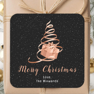 Rose Gold und schwarzes Band Geschenk Frohe Weihna Quadratischer Aufkleber