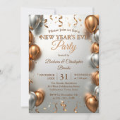 Rose Gold und Silber Ballons Neujahr Party Einladung (Vorderseite)