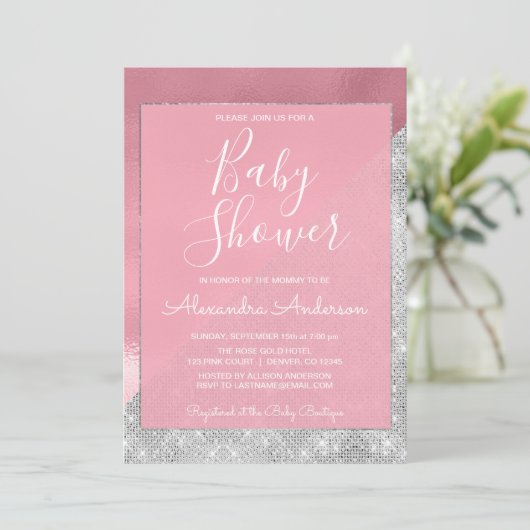 Rose Gold und Silver Girl's Baby Shower Einladung (Stehend Vorderseite)