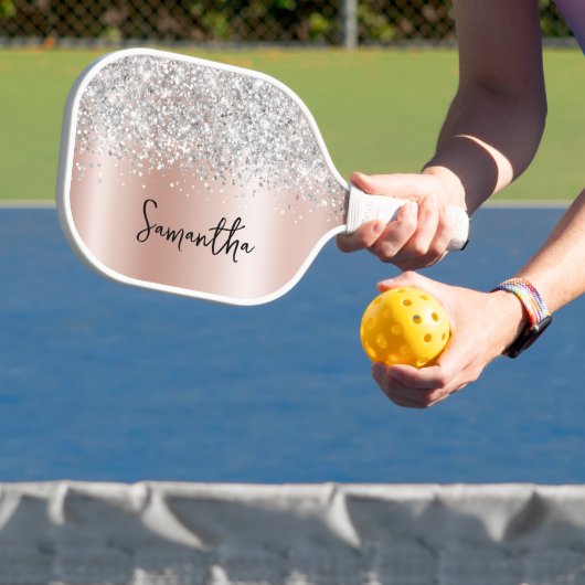 Rose Gold und Silver Glittery Glam Script Name Pickleball Schläger (InSitu)
