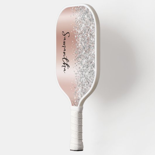 Rose Gold und Silver Glittery Glam Script Name Pickleball Schläger (Links)