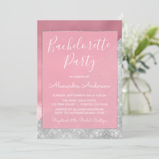 Rose Gold und Silver Sparkle Junggeselinnen-Abschi Einladung (Stehend Vorderseite)