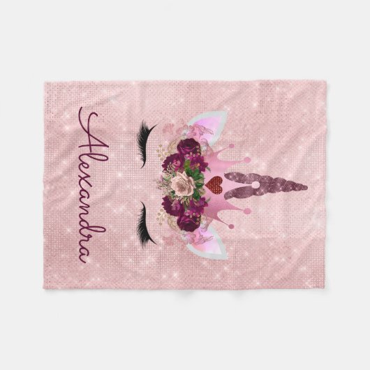 Rose Gold Unicorn Sparkle Princess Monogram Name Fleecedecke (Vorderseite (Horizontal))