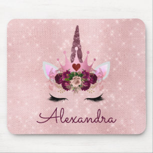 Rose Gold Unicorn Sparkle Princess Monogram Name Mousepad