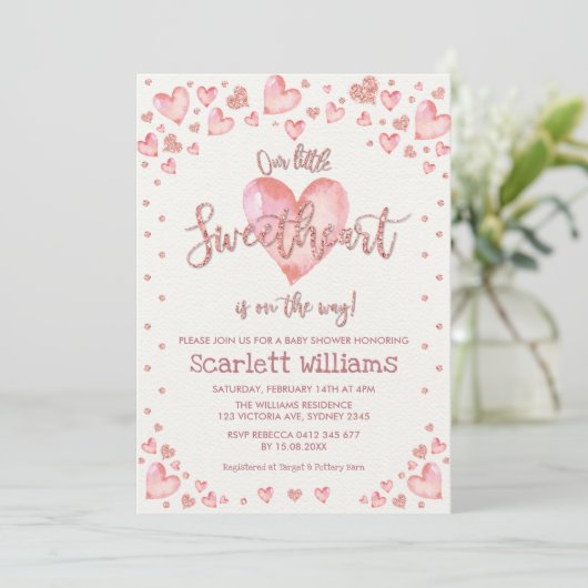 Rose Gold Valentines Sweetheart Girl Babydusche Einladung (Stehend Vorderseite)