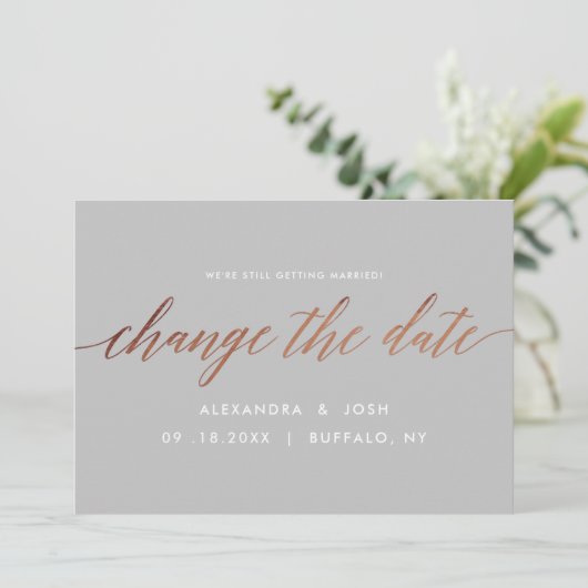 Rose Gold verändern das Datum Hochzeitaufschub Save The Date (Stehend Vorderseite)