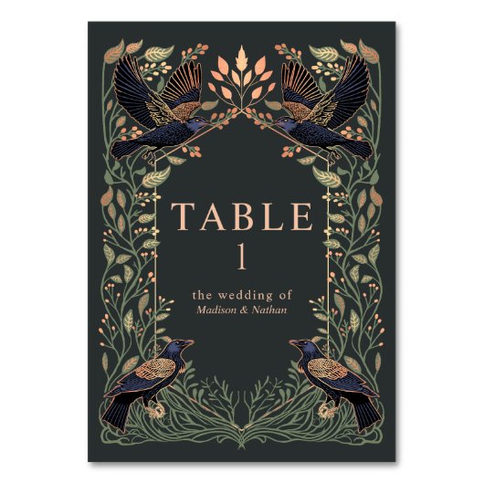 Rose Gold verzaubert Gothic Raven Floral Wedding Tischnummer (Vorderseite)