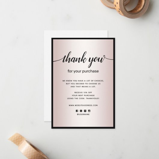 Rose Gold Vielen Dank für Ihren Kauf Note Card Mitteilungskarte (Vorderseite/Rückseite Beispiel)