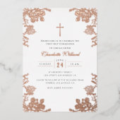 Rose Gold Vintag Cross Girls Erste Kommune Folieneinladung (Vorderseite)