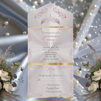 Rose Gold Vintage Border Quinceanera - Perlenweiß All In One Einladung