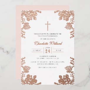 Rose Gold Vintage Kreuz Mädchen Erstkommunion Folieneinladung