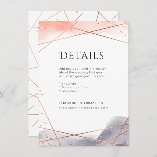 Rose Gold Wasserfarbe Geometrische Hochzeitsdetail Begleitkarte (Vorne/Hinten)