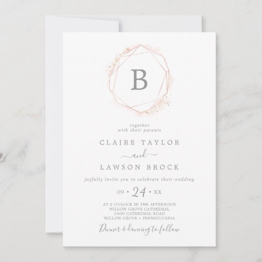 Rose Gold Wasserfarbe Geometrische Monogramm Hochz Einladung (Vorderseite)