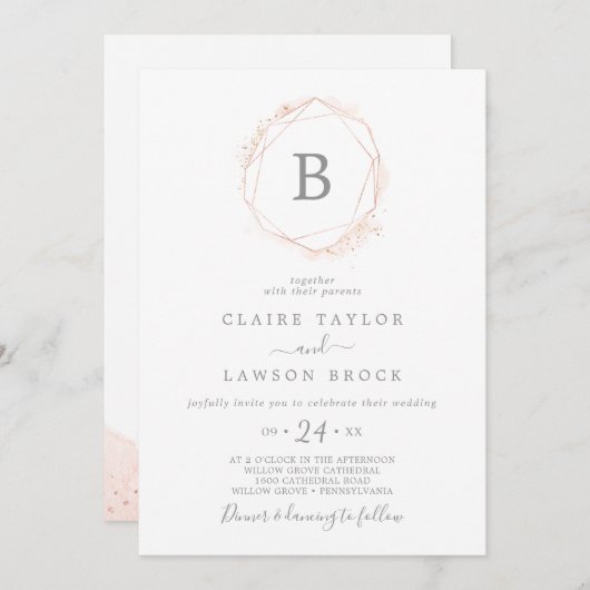 Rose Gold Wasserfarbe Geometrische Monogramm Hochz Einladung (Vorne/Hinten)