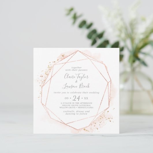 Rose Gold Wasserfarbe Geometrische Square Hochzeit Einladung (Stehend Vorderseite)
