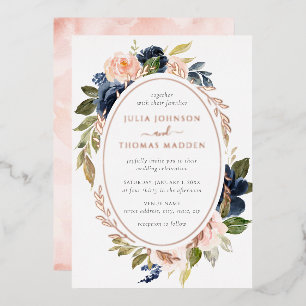 Rose Gold Watercolor Blush Navy Floral Wedding Folieneinladung