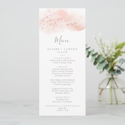 Rose Gold Watercolor Hochzeitmenü Menükarte (Stehend Vorderseite)