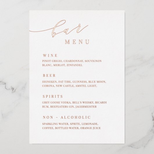 Rose Gold Wedding Bar Menü Empfang Table Sign Folieneinladung (Vorderseite)