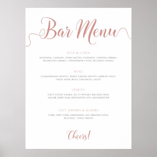 Rose Gold Wedding Bar Menu Poster (Vorne)
