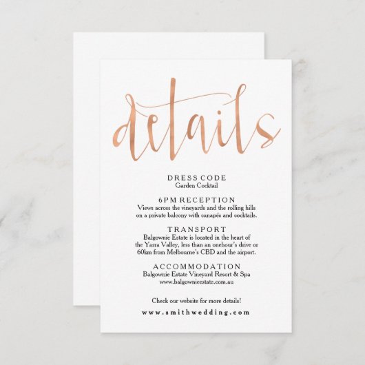 Rose Gold Wedding Details Info Card Begleitkarte (Vorne/Hinten)