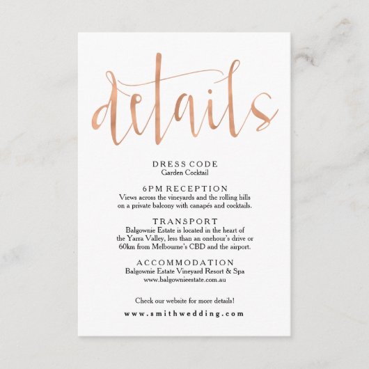 Rose Gold Wedding Details Info Card Begleitkarte (Vorderseite)
