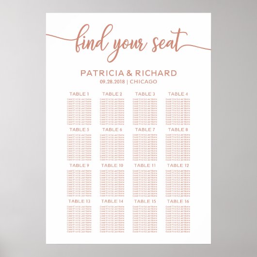Rose Gold Wedding Seating Chart Sign Calligrafy Poster (Vorne)