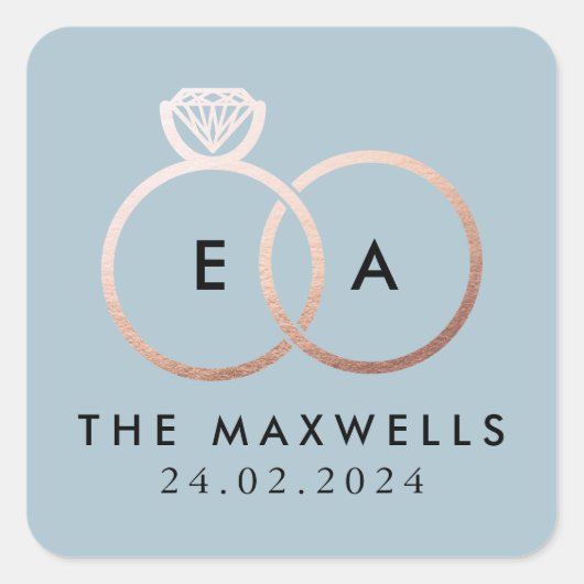 Rose Gold Wedelring Monogram Name and Date Blue Quadratischer Aufkleber (Vorderseite)