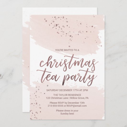 Rose Gold Weihnachts-Tee-Party Einladung (Vorne/Hinten)