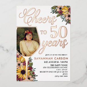 Rose Gold Weinglas Prost auf 50 Jahre Foto Folieneinladung