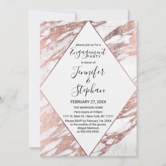 Rose Gold Weiß Moderne Marmorversion Verlobung Einladung (Vorderseite)